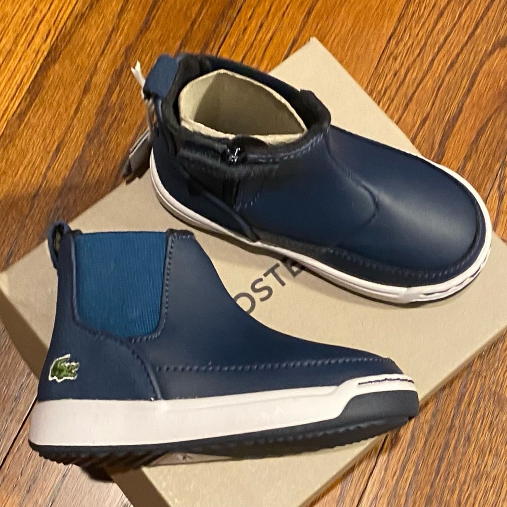 NIB Lacoste explorateur chelsea leather boots, navy, zipper, toddler sz5,